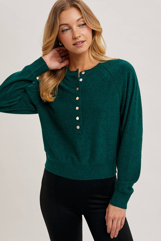Bluivy - HALF-BUTTON HENLEY KNIT SWEATER: HUNTER GREEN / M