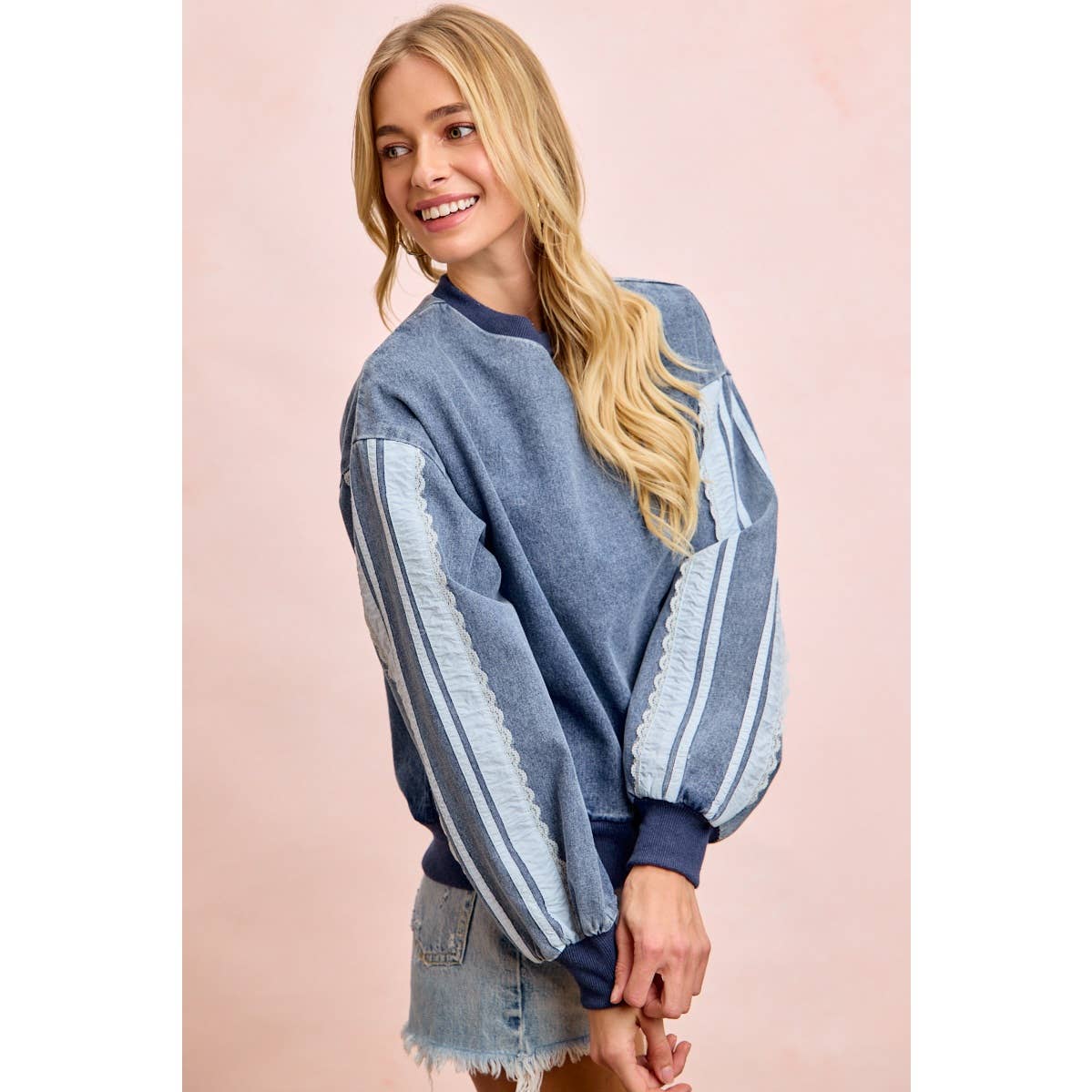 BiBi - WASHED DENIM LACE CONTRAST SIDED SWEATSHIRT TOP: DENIM / S