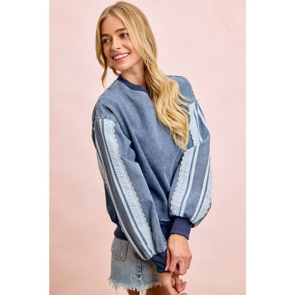 BiBi - WASHED DENIM LACE CONTRAST SIDED SWEATSHIRT TOP: DENIM / S