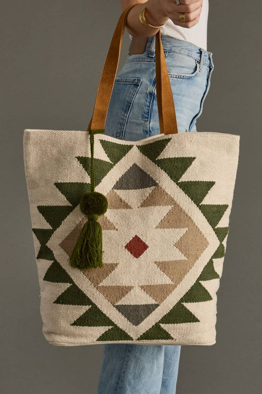 CREAM, GREEN & TAN WESTERN TOTE