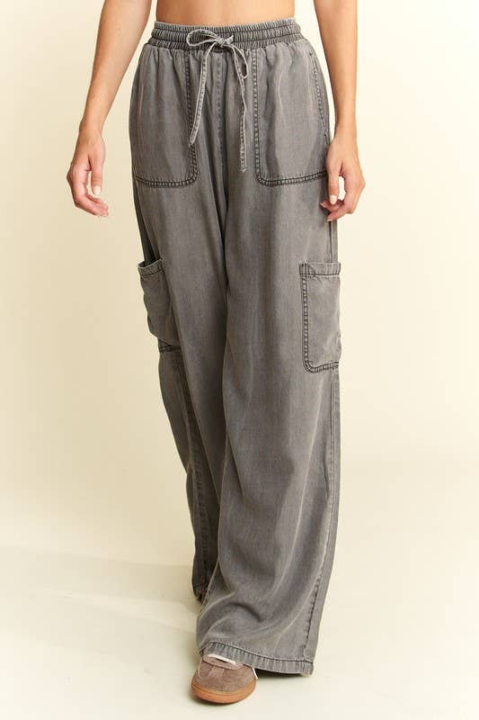 JADE BY JANE - MINERAL WASH TENCEL WIDE PANTS: CHARCOAL / M