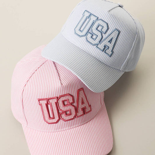 USA EMBROIDERED PATCH GINGHAM STRIPE TRUCKER HAT