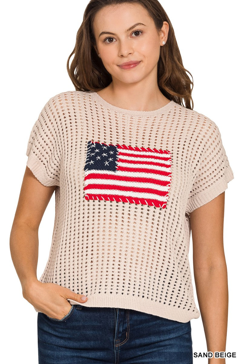 AMERICAN FLAG CAP SLEEVE OPEN STITCH SUMMER SWEATER