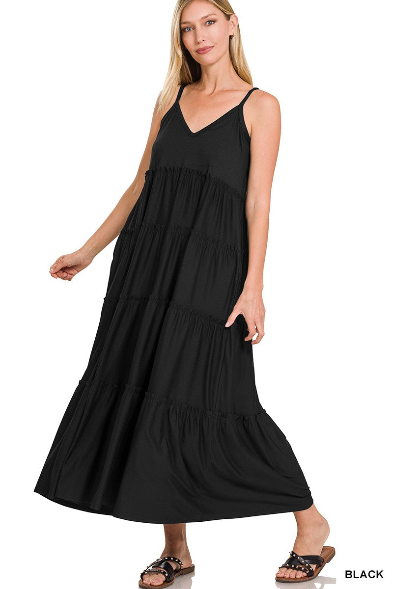 V-NECK CAMI MAXI TIERED DRESS WITH SIDE POCKETS