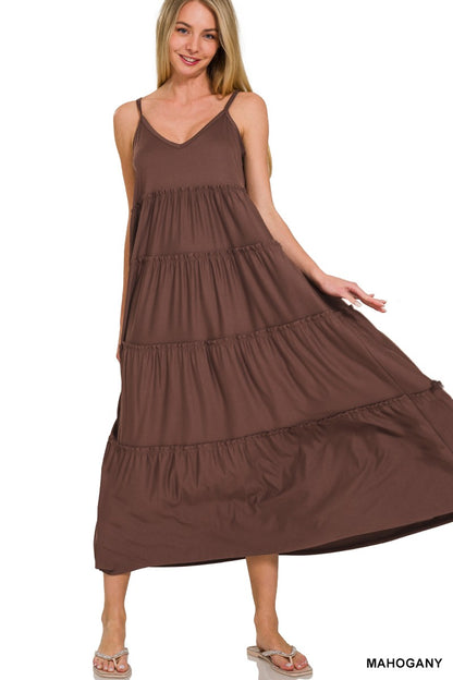 V-NECK CAMI MAXI TIERED DRESS WITH SIDE POCKETS