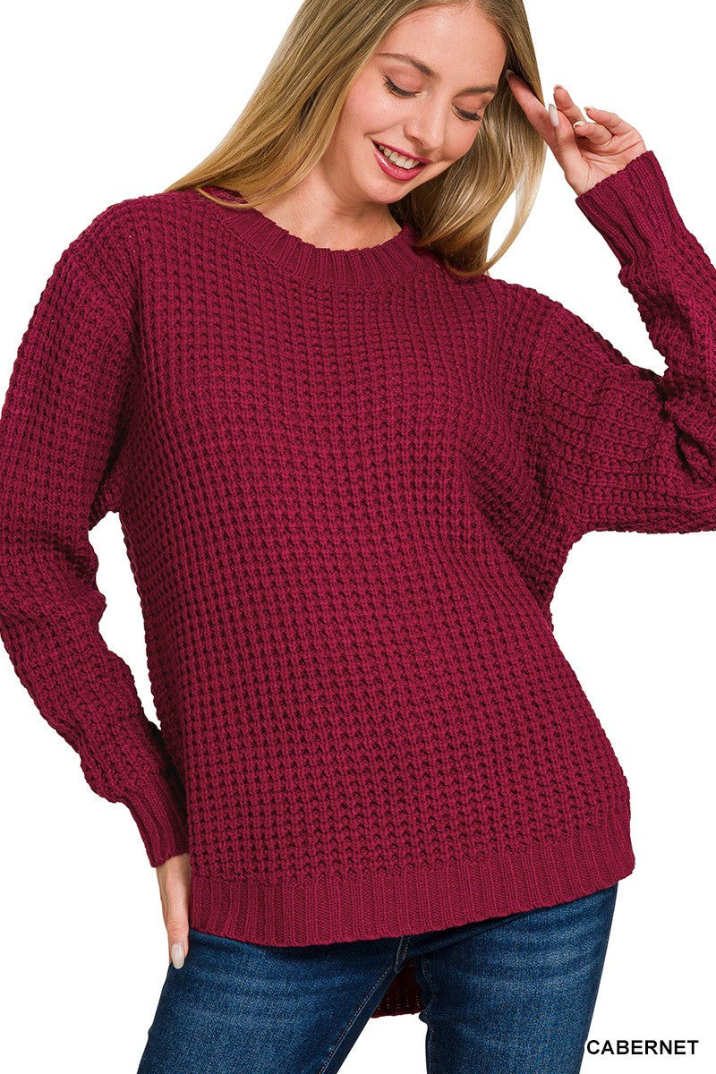 HI-LOW LONG SLEEVE ROUND NECK WAFFLE SWEATER