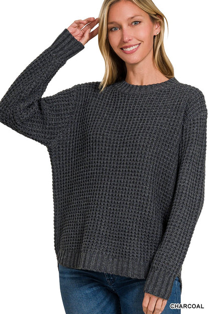 HI-LOW LONG SLEEVE ROUND NECK WAFFLE SWEATER