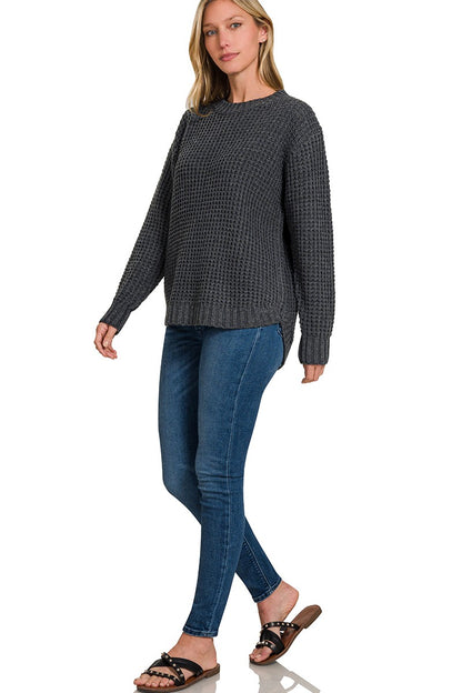 HI-LOW LONG SLEEVE ROUND NECK WAFFLE SWEATER