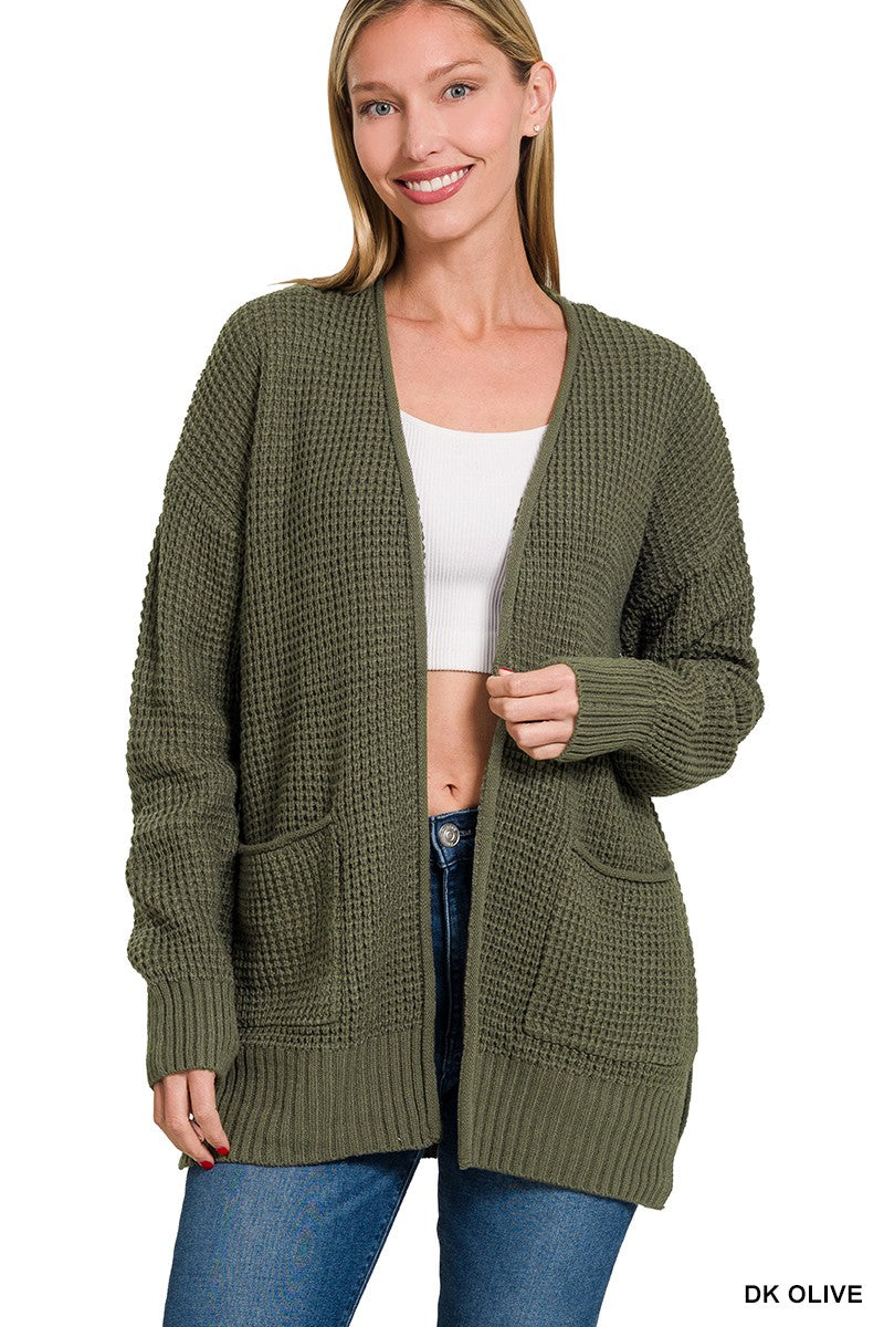 LOW GAUGE WAFFLE OPEN CARDIGAN SWEATER