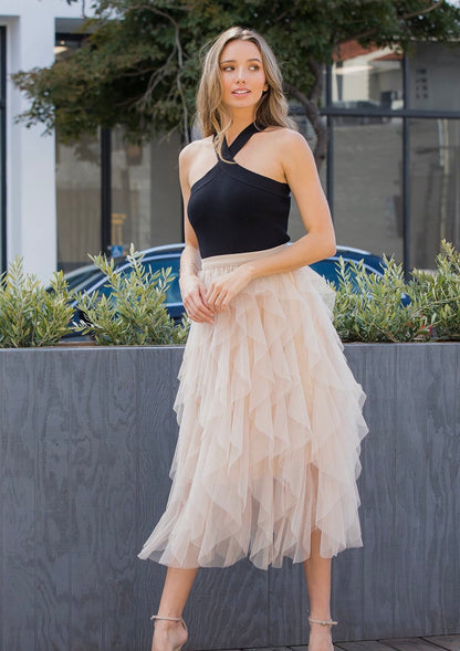 RUFFLED TULLE MIDI SKIRT