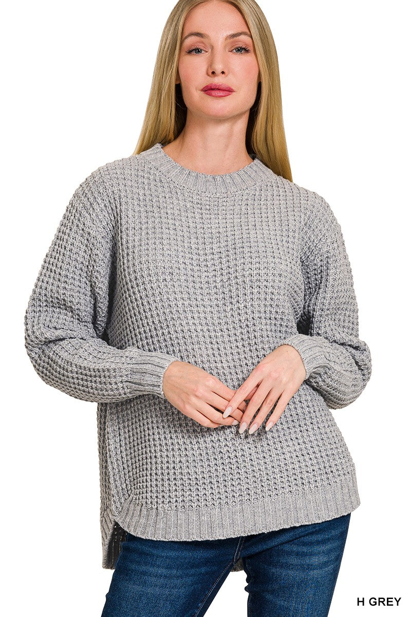 HI-LOW LONG SLEEVE ROUND NECK WAFFLE SWEATER