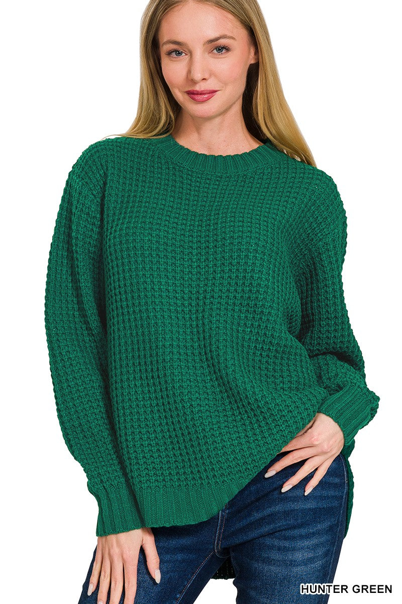 HI-LOW LONG SLEEVE ROUND NECK WAFFLE SWEATER