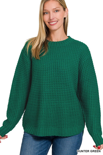 HI-LOW LONG SLEEVE ROUND NECK WAFFLE SWEATER