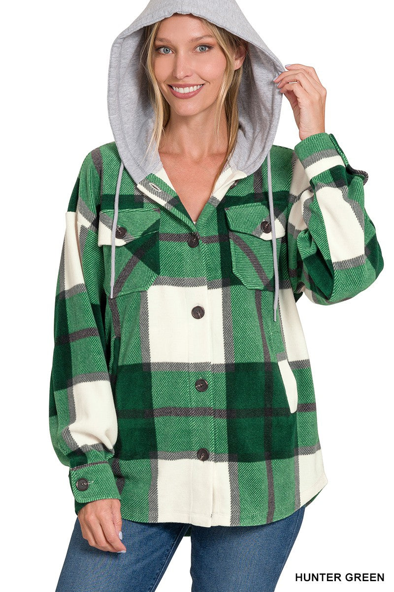 PLAID DRAWSTRING HOODED FLEECE SHACKET