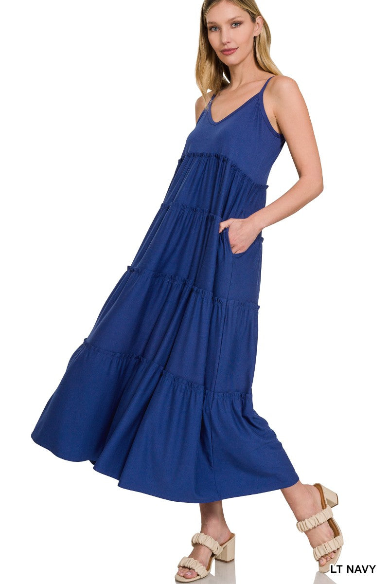 V-NECK CAMI MAXI TIERED DRESS WITH SIDE POCKETS