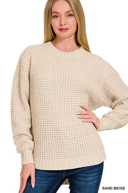 HI-LOW LONG SLEEVE ROUND NECK WAFFLE SWEATER