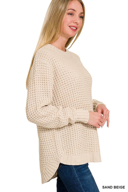 HI-LOW LONG SLEEVE ROUND NECK WAFFLE SWEATER