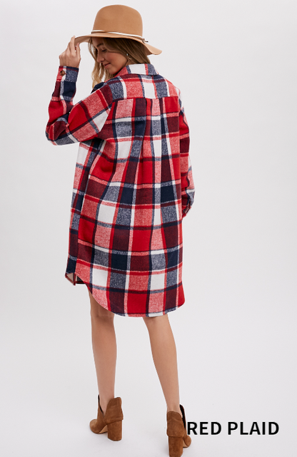 RED PLAID, FLANNEL LONGLINE SHACKET