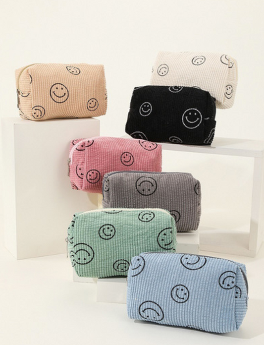 SMILEY FACE CORDUROY COSMETIC POUCH BAG