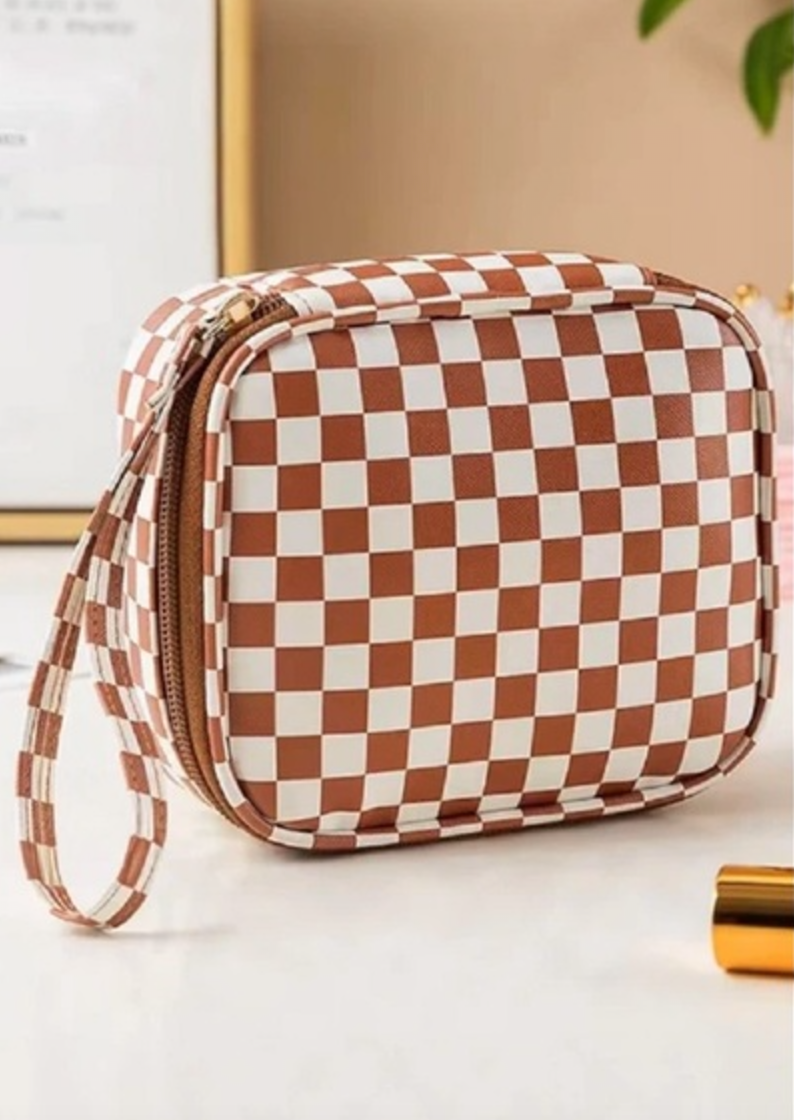 CHECKERED COSMETIC MAKEUP TRAVEL CASE