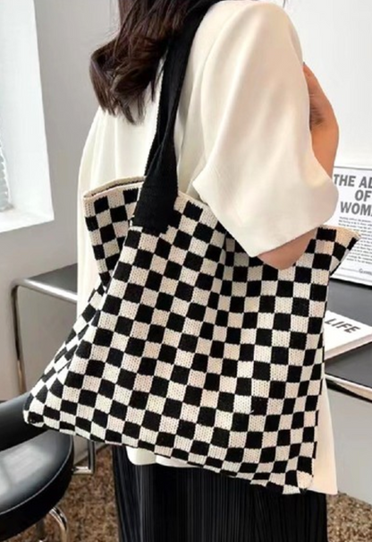 CHECKERED CROCHET KNITTED CANVAS COMMUTER BAG