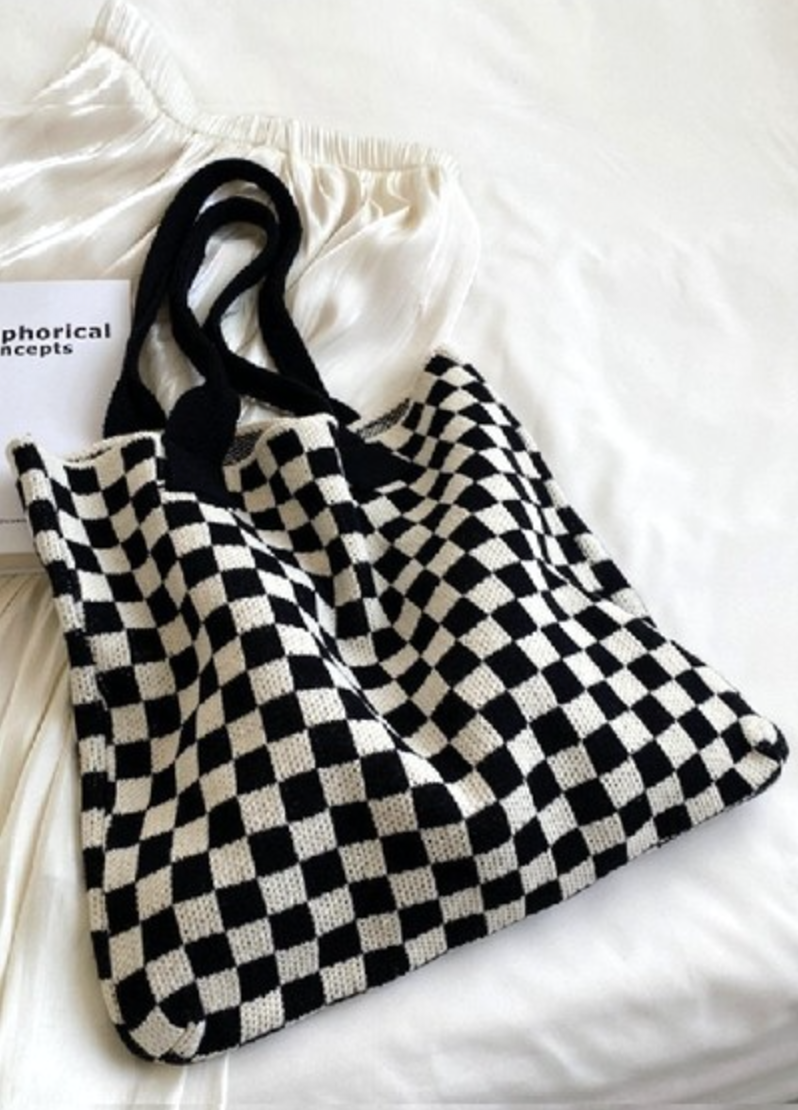 CHECKERED CROCHET KNITTED CANVAS COMMUTER BAG