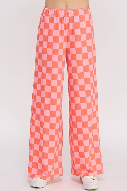 JADE BY JANE - HIGH WAIST CHECKERED STRAIGHT LEG KNIT PANTS: PINK/BROWN / L
