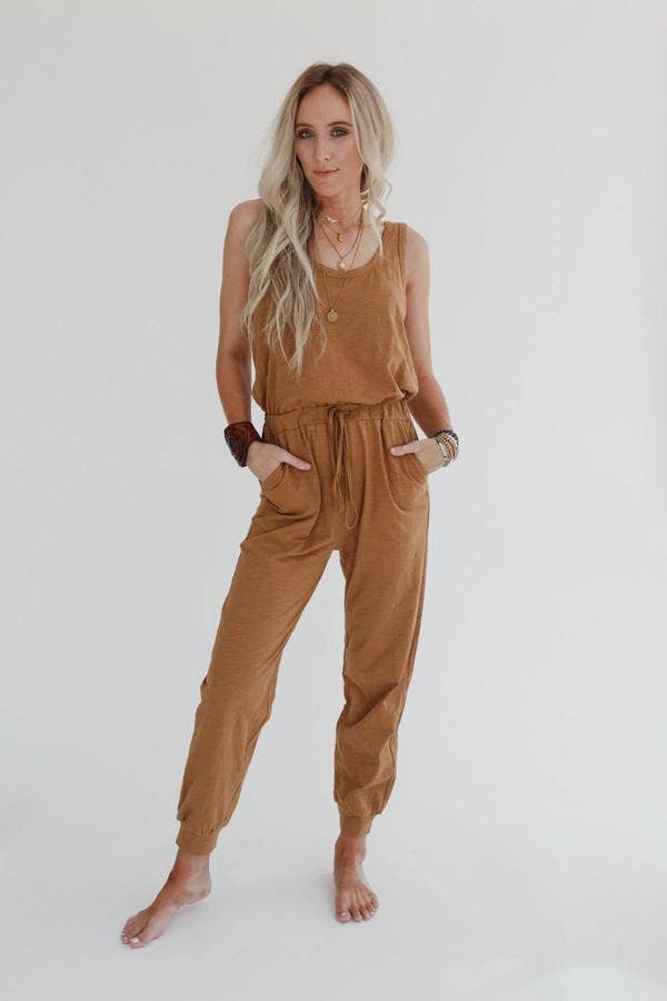 Three Bird Nest - Set to Go Textured Jumpsuit And Cardigan Set - Camel: Ash / M