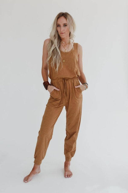Three Bird Nest - Set to Go Textured Jumpsuit And Cardigan Set - Camel: Ash / M
