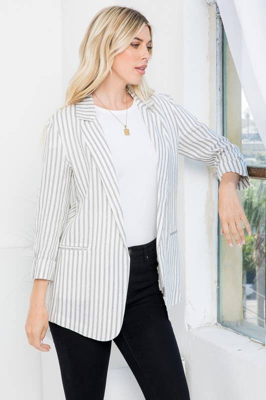LINEN BLEND STRIPE ROLL UP BLAZER