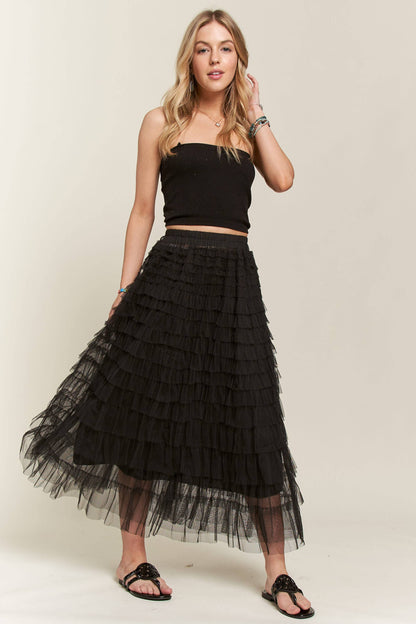 ELASTIC WAIST LAYERED MESH SKIRT - BLACK