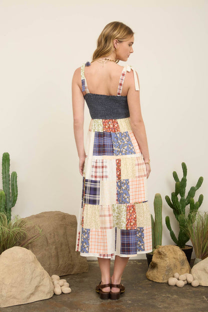 SMOCKED DENIM PATCHWORK DETAIL TIERED MAXI DRESS