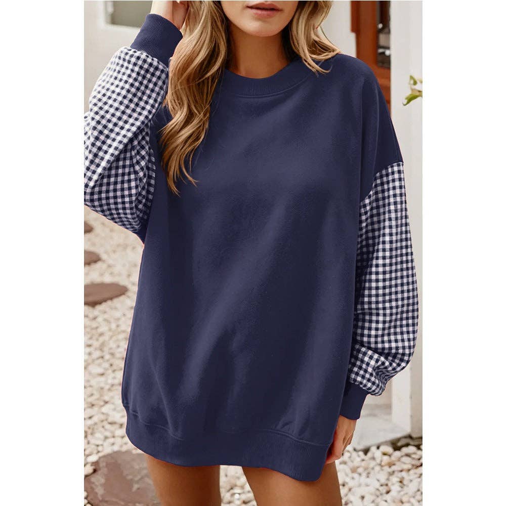 Lovesoft - Plaid Color Block Oversized Sweatshirt Casual Fall Pullover: Light Gray / 65%Polyester+30%Viscose   +5%Elastane / S