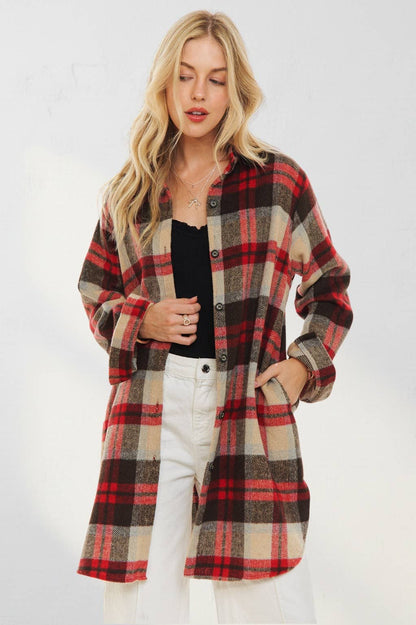 ADORA LA - CEJ1987A-CHECK FLANNEL SHIRT JACKET LONG SLEEVE: Green/Navy / S-M-L(2-2-2)