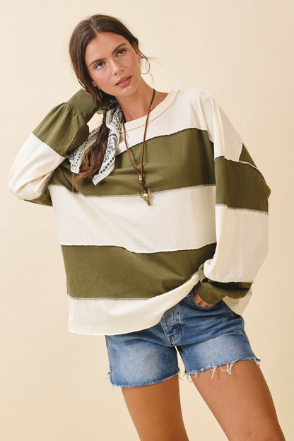 AEMI + CO - 8551GN Oversized Color Block Long Sleeve Pullover: Terracotta Butter / Contemporary / S