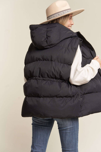 BLACK DRAWSTRING WAIST PUFFER HOODIE VEST