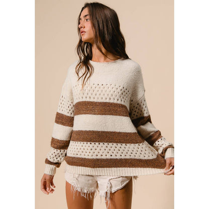 BiBi - STRIPE PATTERNED SWEATER TOP: IVORY/BROWN / M
