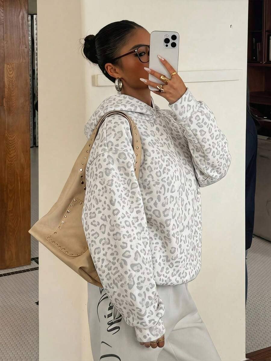 Lovesoft - Leopard Hoodie Oversized Casual Pullover Sweatshirt: Multicolor Floral / 65%viscose+35%polyester / M