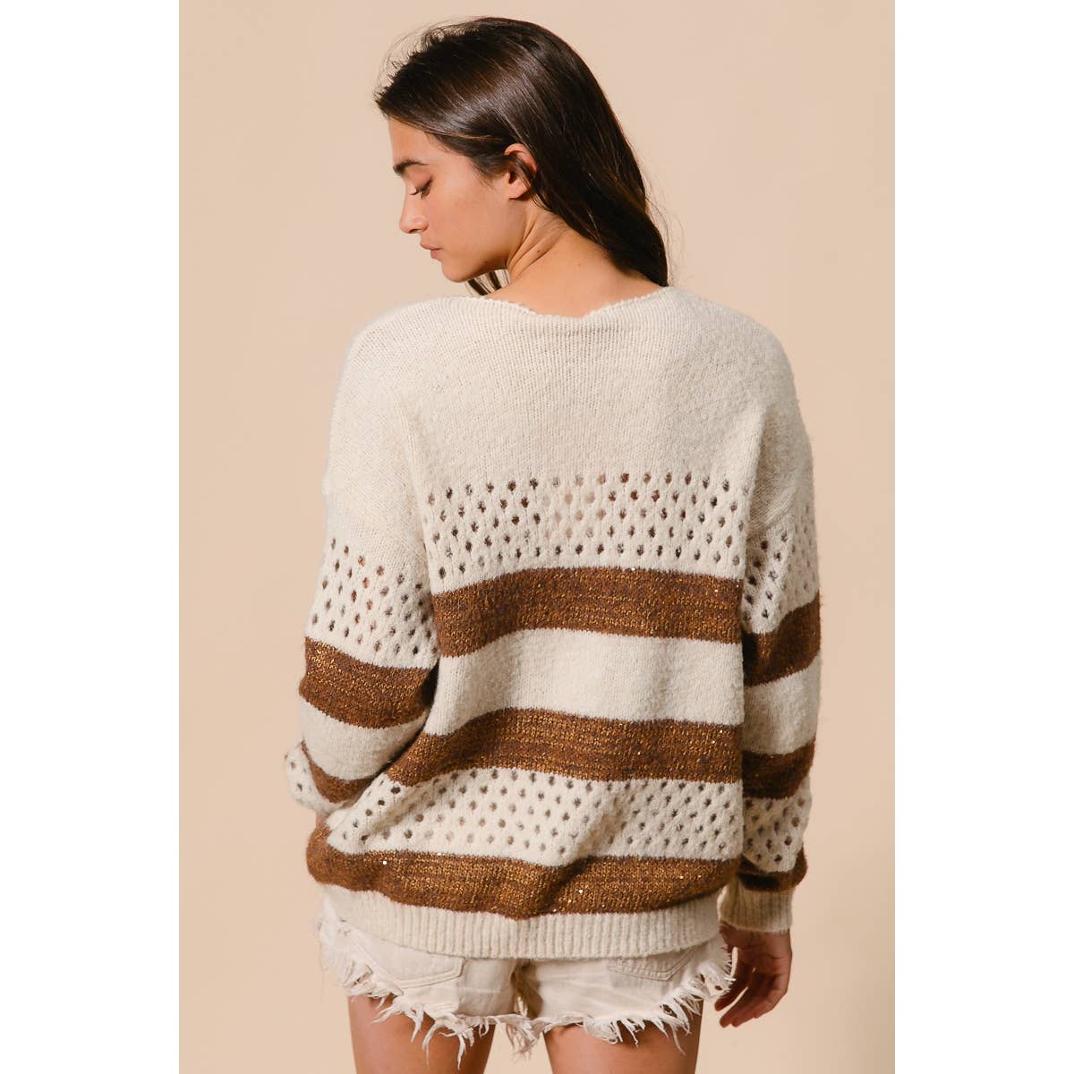 BiBi - STRIPE PATTERNED SWEATER TOP: IVORY/BROWN / M
