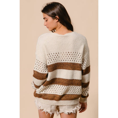 BiBi - STRIPE PATTERNED SWEATER TOP: IVORY/BROWN / M