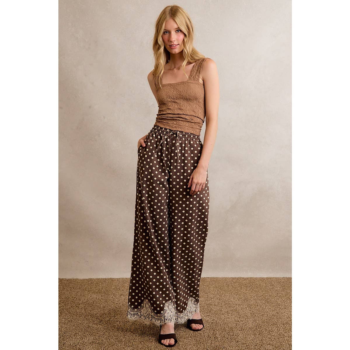 LACE TRIM WIDE LEG ELASTIC MID RISE POLKA DOT PANTS: