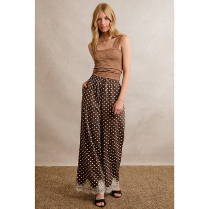 LACE TRIM WIDE LEG ELASTIC MID RISE POLKA DOT PANTS: