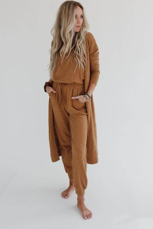 Three Bird Nest - Set to Go Textured Jumpsuit And Cardigan Set - Camel: Ash / M