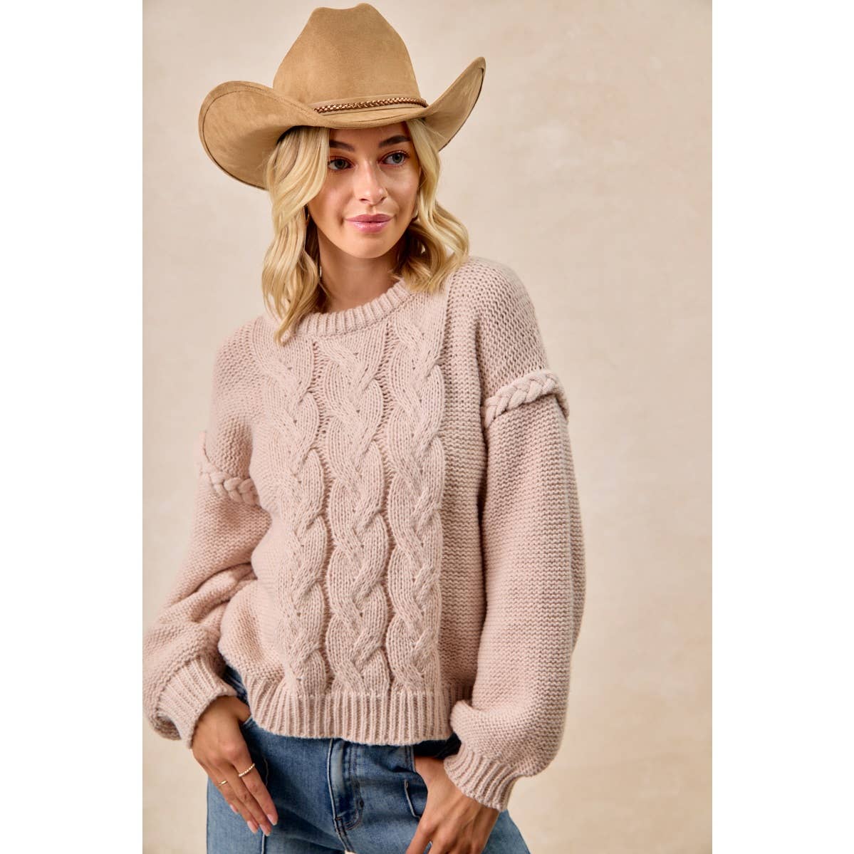 CABLE KNIT SWEATER TOP WITH SHOULDER BRAID DETAIL