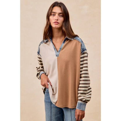 CUT EDGE CHECKER DENIM WAFFLE MIX AND MATCH TOP: OATMEAL/LATTE / L