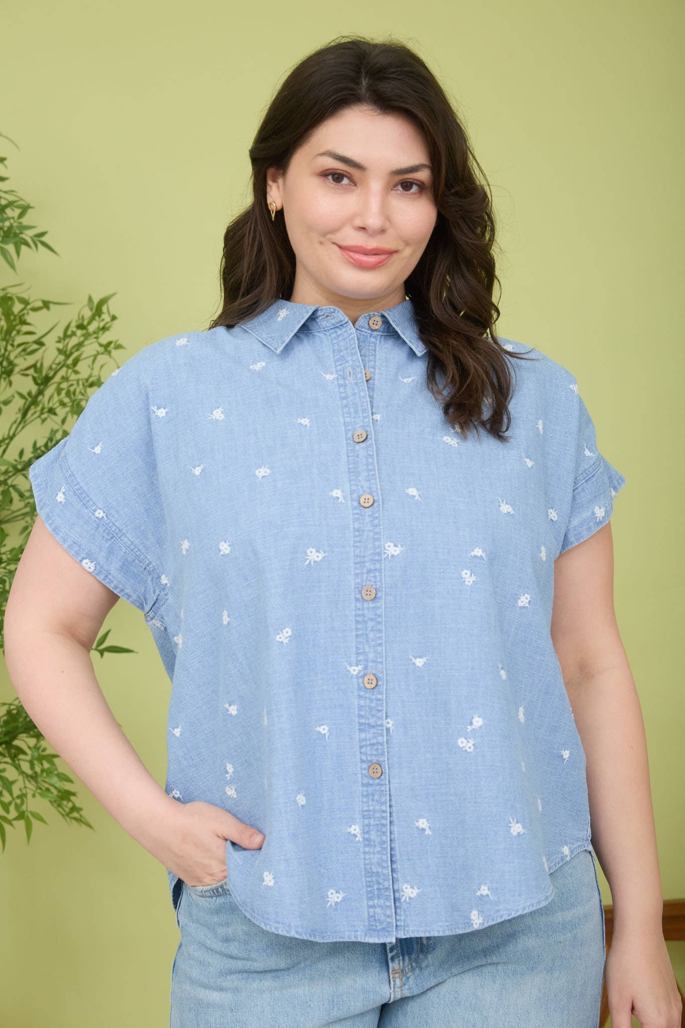 PLUS EMBROIDERED FLORAL BUTTON DOWN DENIM  SHIRT