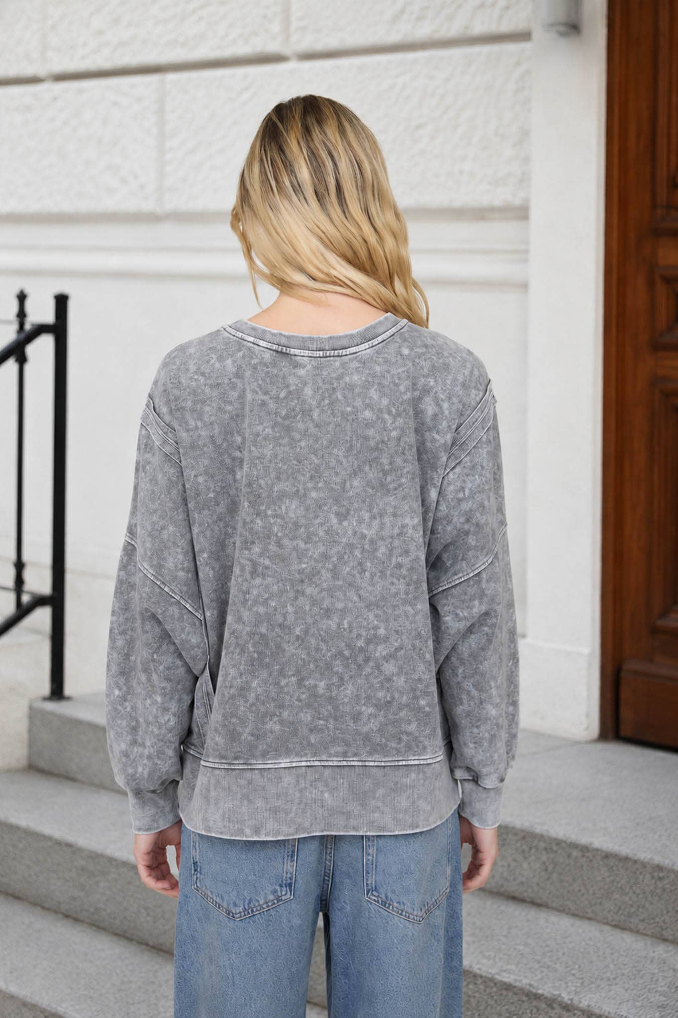 Blu Pepper - ACID WASH LONG SLEEVE SIDE SLIT KNIT TOP: INDIGO BLUE
