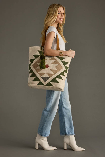 CREAM, GREEN & TAN WESTERN TOTE