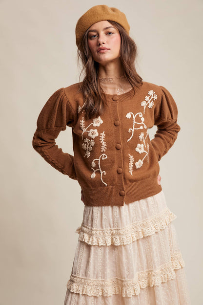 FLORAL EMBROIDERED PUFF SLEEVE CARDIGAN