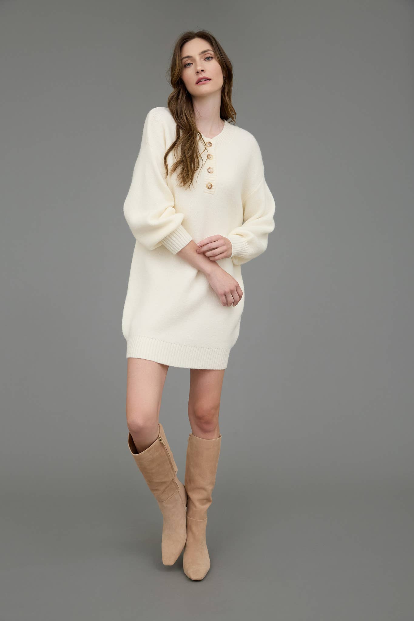 HALF BUTTON LONG SLEEVE MINI SWEATER DRESS